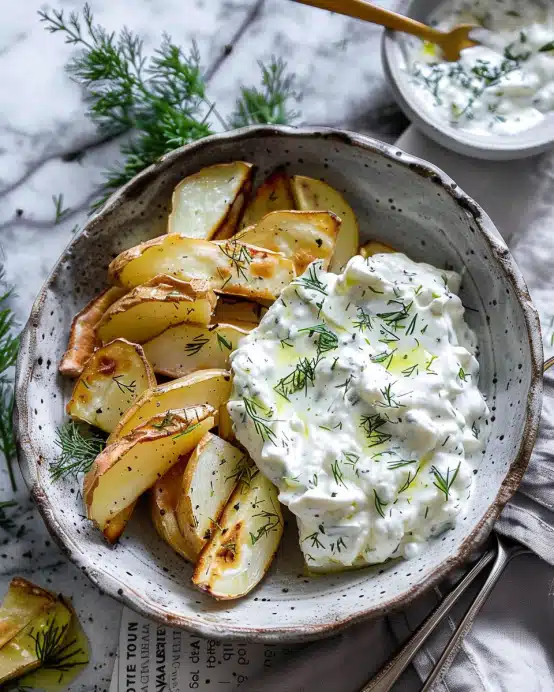 Kartoffelspalten mit Gurkendip