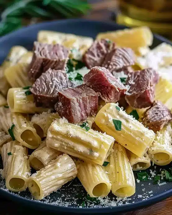 Cremiges Parmesan Rindfleisch mit Rigatoni Pasta