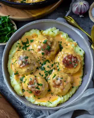 Hackbällchen in cremiger Sauce mit Kartoffelpüree
