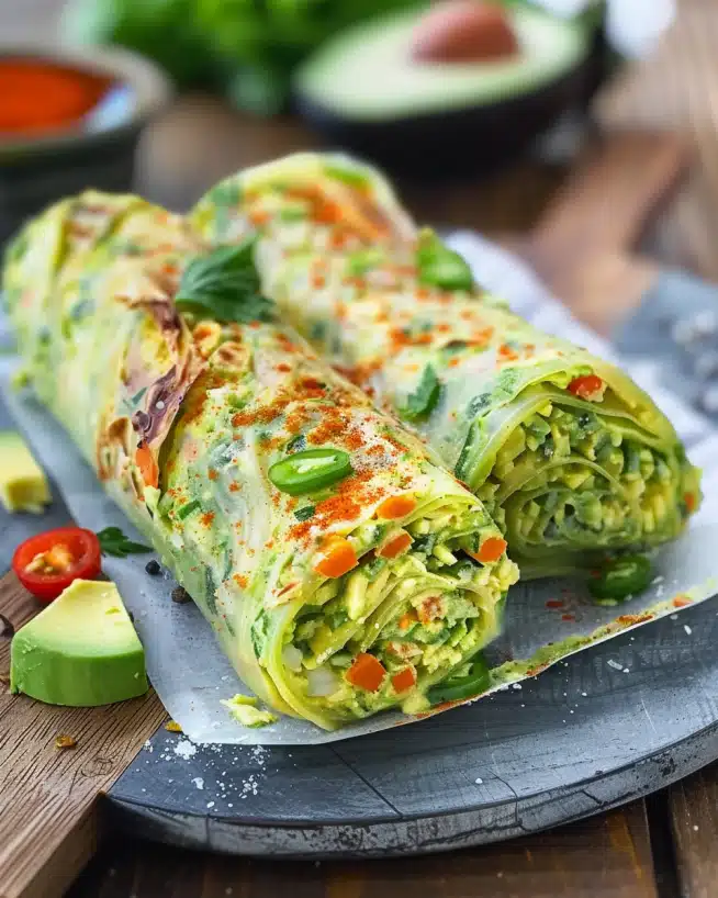 Gesunde Gemüserolle gefüllt mit Avocadocreme