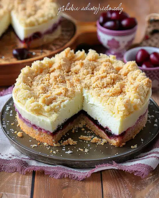 Saftiger Käsekuchen mit Kirschen und Streuseln