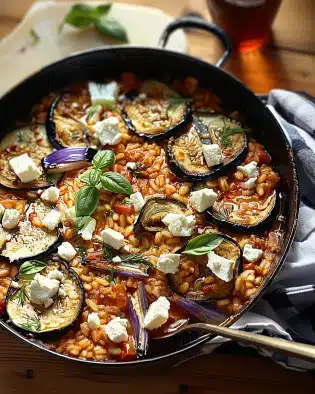 Auberginen-Reispfanne mit Feta