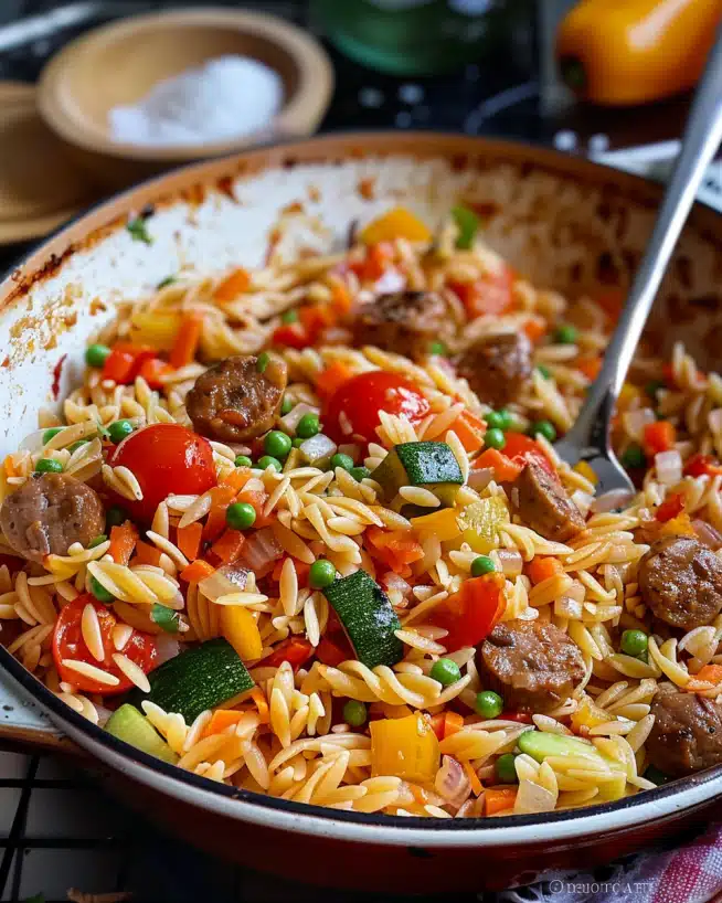 Orzo-Pfanne mit Hackbällchen und Gemüse