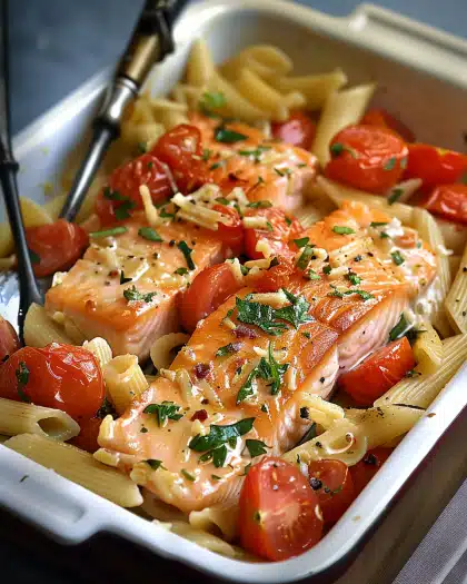 Ofen-Lachs-Pasta mit Tomaten