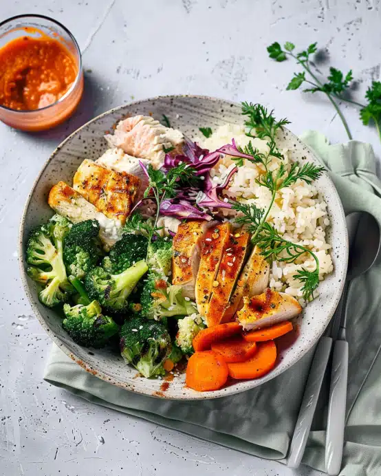 Low Carb Bowl mit Hähnchen, frischem Gemüse und Blumenkohlreis