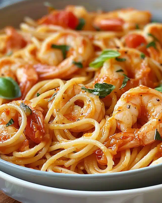 Spaghetti mit Garnelen in Frischkäsesauce