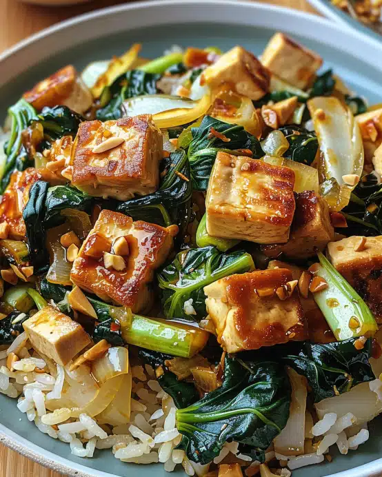 Gebratener Pak Choi mit knusprigem Tofu und Reis