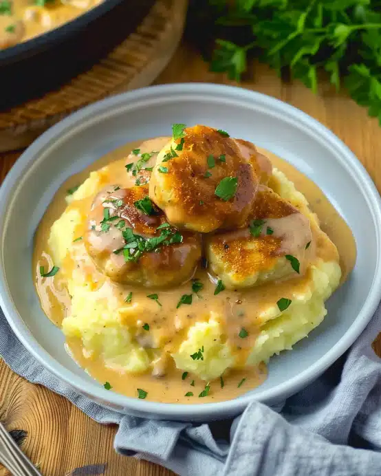 Hackbällchen in cremiger Sauce mit Kartoffelpüree