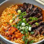Spicy Korean Ramen mit gegrilltem Rindfleisch und cremiger Sauce 2 Spicy Korean Ramen mit gegrilltem Rindfleisch und cremiger Sauce