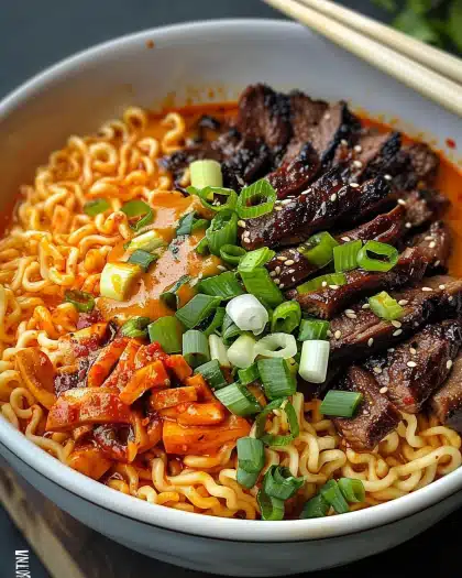 Spicy Korean Ramen mit gegrilltem Rindfleisch und cremiger Sauce
