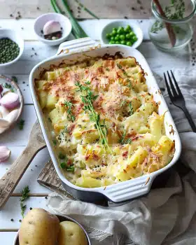 Spargelauflauf mit Schinken und Kartoffeln