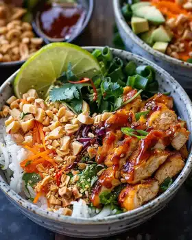 Thai Erdnuss Hähnchen Buddha Bowls