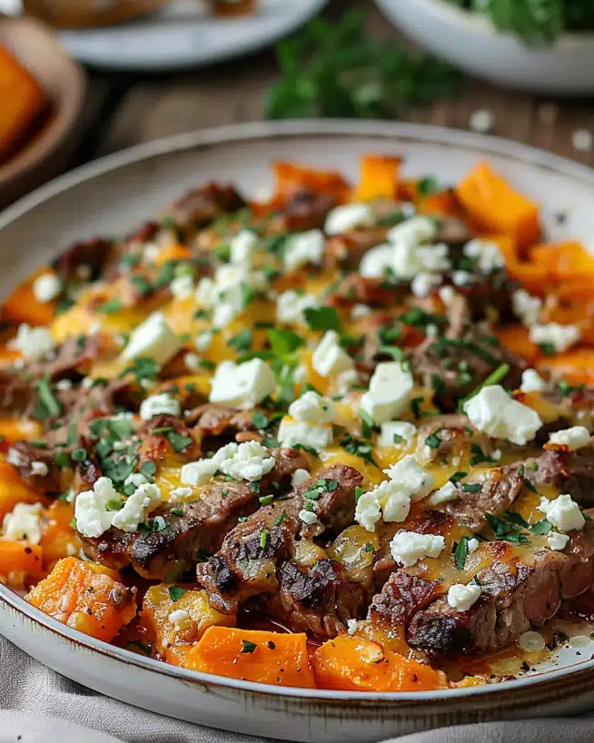 Süßkartoffel-Hackfleisch-Auflauf mit Feta