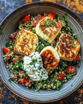 Würzige Halloumi mit Tabbouleh und Minzjoghurt