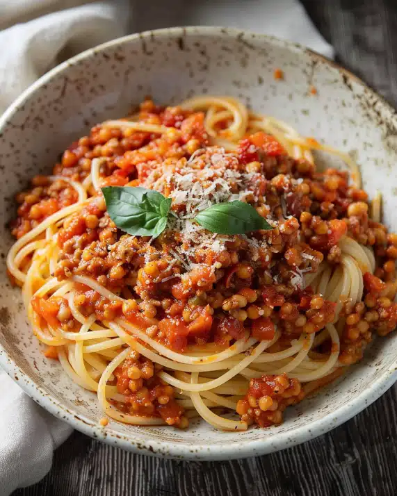 Rote Linsen Bolognese zu Spaghetti