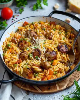 Orzo-Pfanne mit Hackbällchen und Gemüse