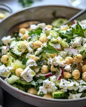 Gurkensalat mit Feta und Kichererbsen