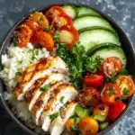Low Carb Bowl mit Hähnchen, frischem Gemüse und Blumenkohlreis