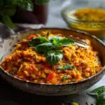 Rote Linsen-Dal mit Vollkornreis und Gurkensalat