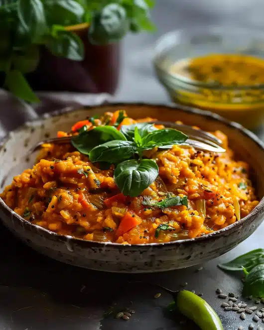 Rote Linsen-Dal mit Vollkornreis und Gurkensalat