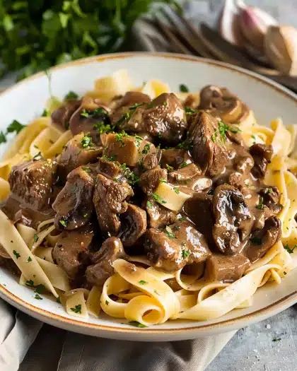 Bœuf Stroganoff auf Tagliatelle