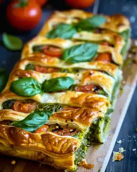 Pesto Strudel mit Tomate und Mozzarella (Schnelles Rezept aus Blätterteig)