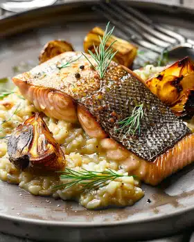 Lachsfilet mit Risotto und frischen Waldpilzen