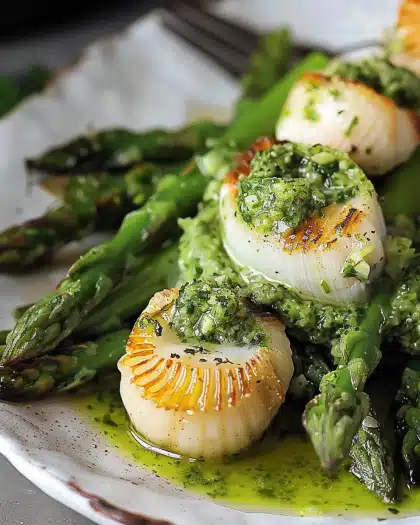 Jakobsmuscheln und grüner Spargel mit Basilikumpesto