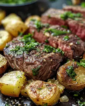 Knoblauchbutter-Steakbissen mit Kartoffeln